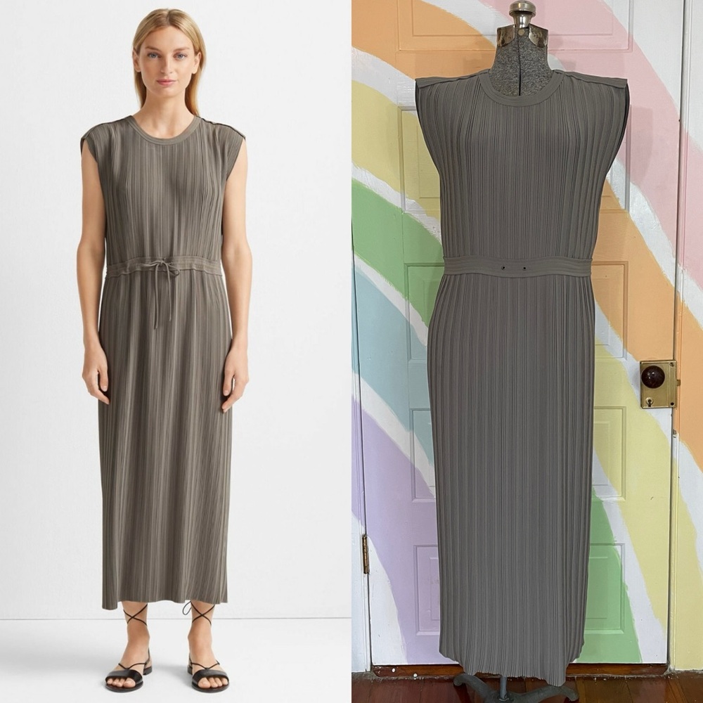CLUB MONACO Woven Pleated Relaxed Fit Maxi Dress Fossil Green Kaftan Sz 00 💚🎀